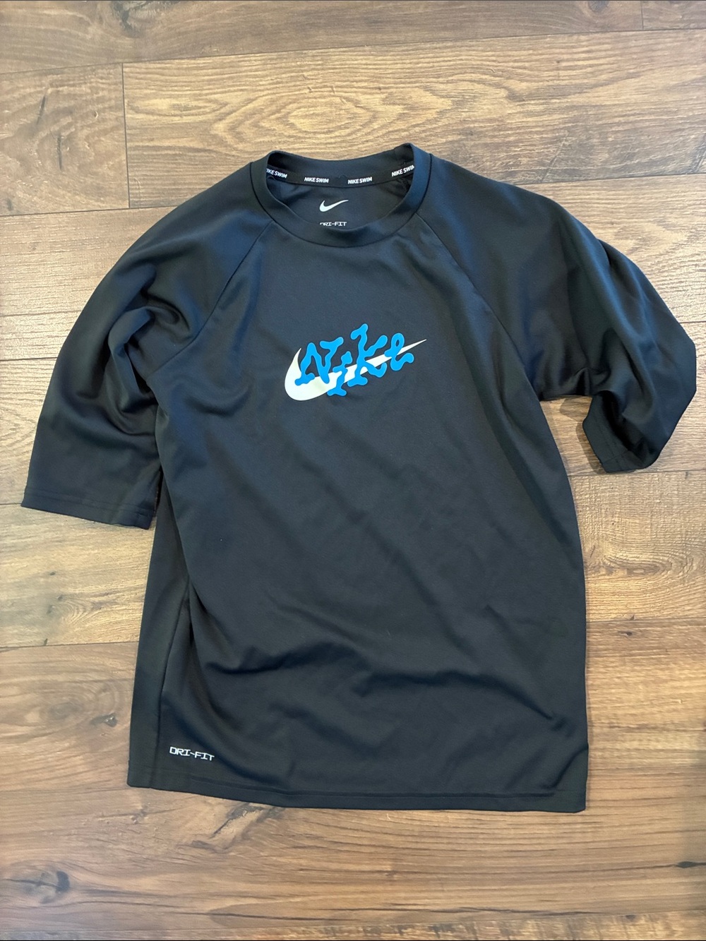 Nike Boy’s Black Short-Sleeve Swim Rash Guard with Blue Logo